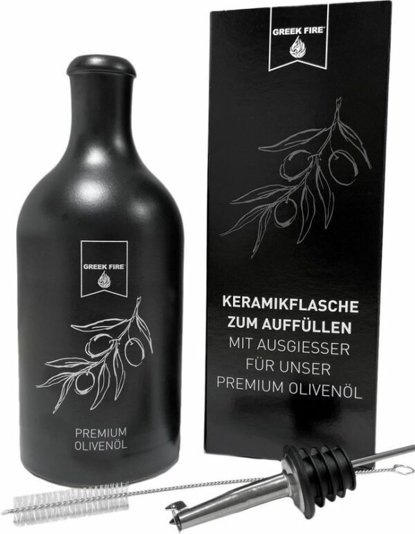 Greek Fire Keramik Flasche für Öl - mit Edelstahl-Außgießer und Reinigungsbürste