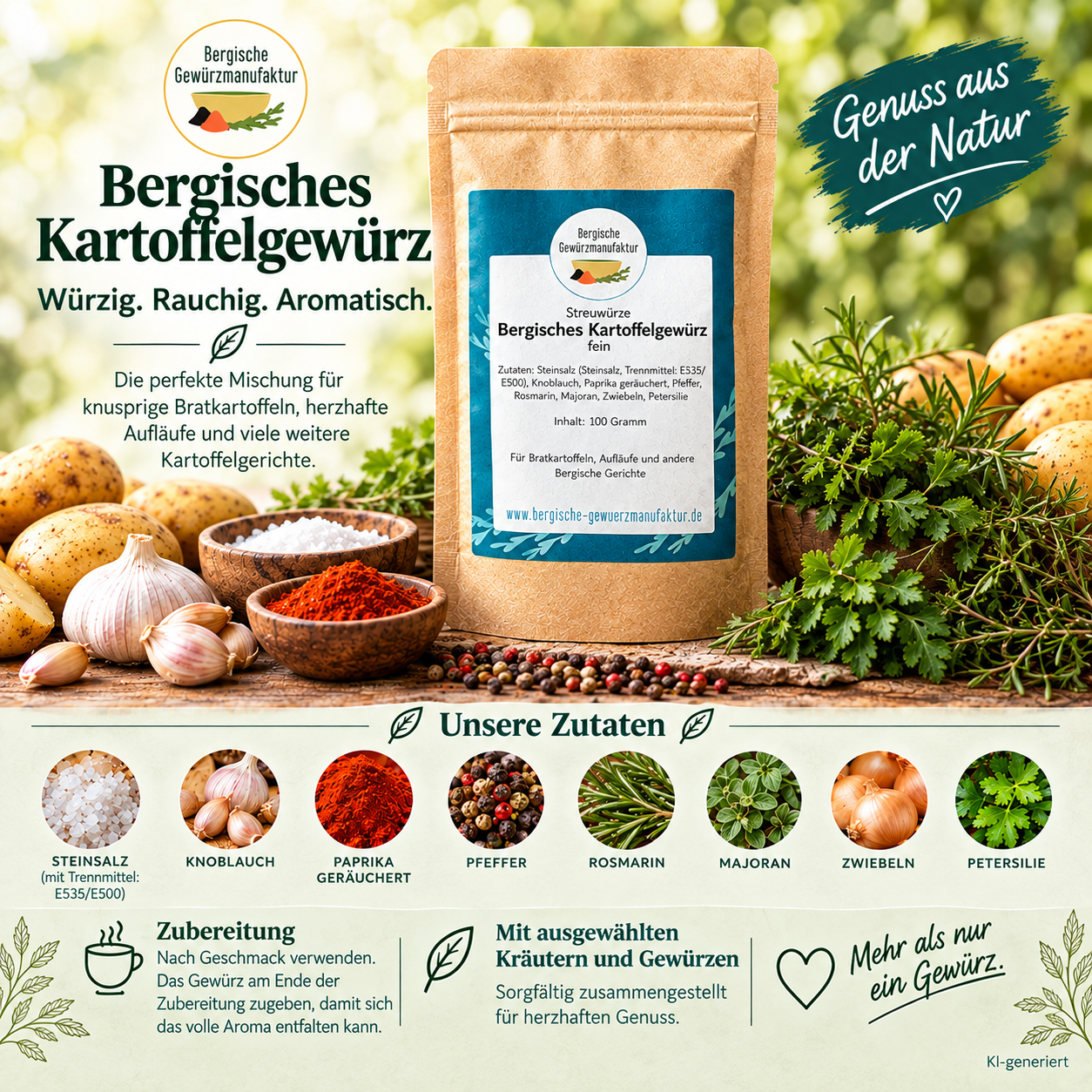 Bergisches Kartoffelgewürz mit Steinsalz, Knoblauch, Rauchpaprika, Kräutern, gemahlen – Bild 2